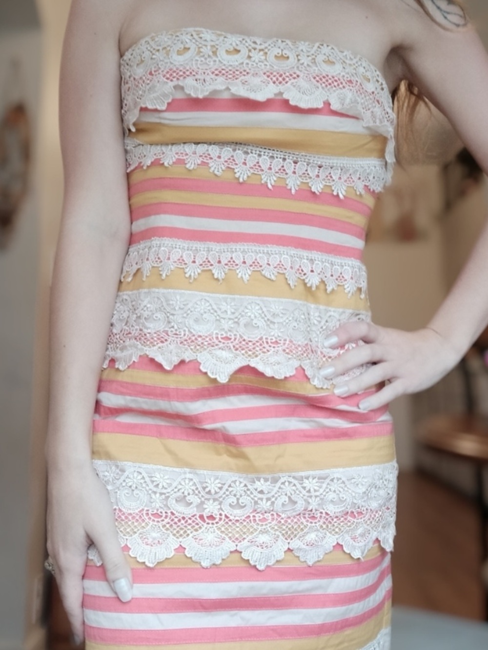Minuet strapless Striped Lace Dress, 16” PTP, 32” L